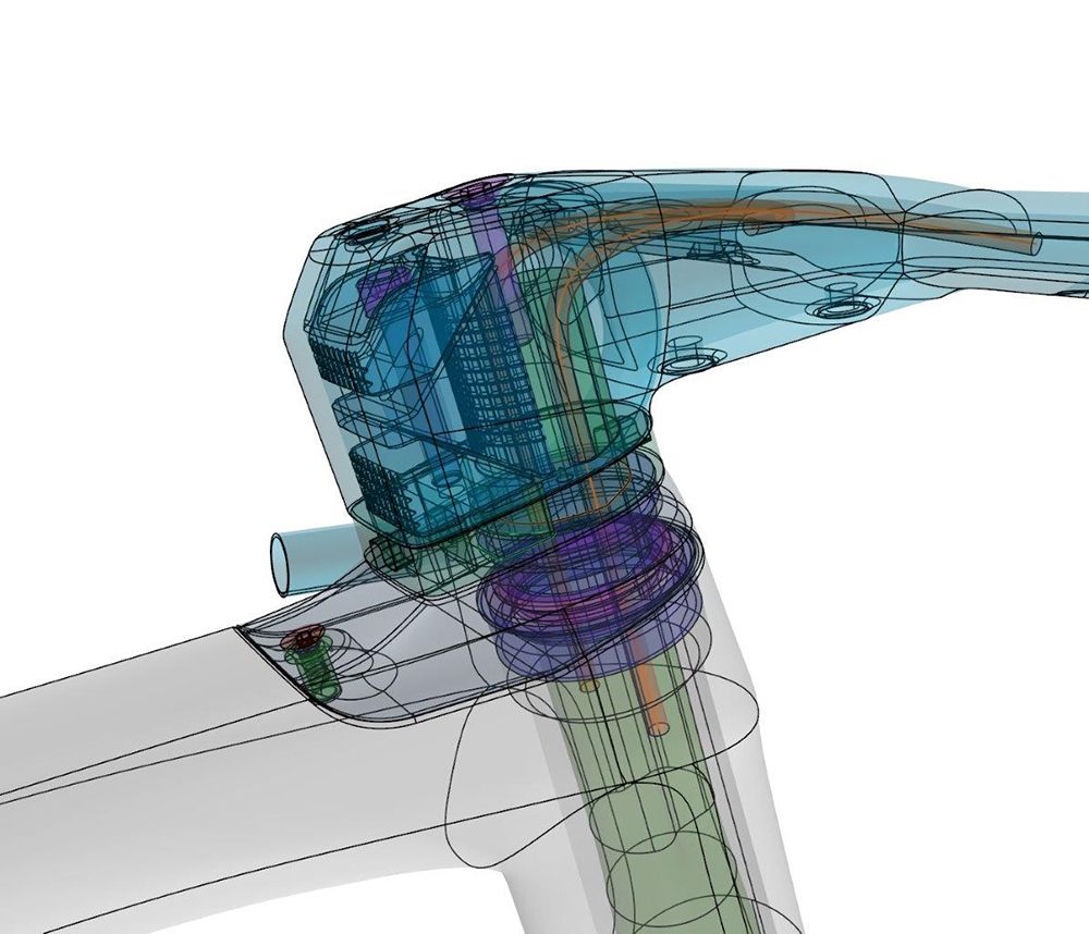 Transparent CAD view of an integrated stem and headset assembly